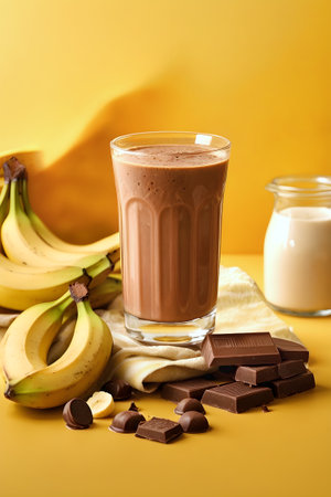 A glass of tasty chocolate smoothie and bananas on a yellow background. Generative Ai.の素材