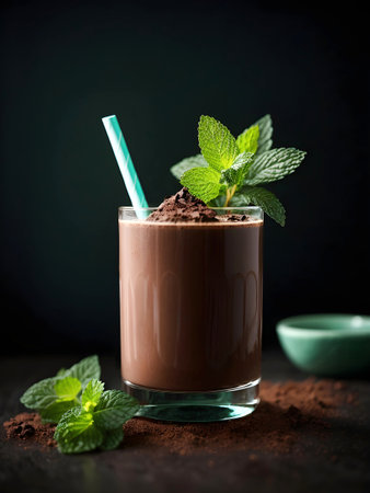 A glass of chocolate milkshake with mint and cocoa powder on dark background. Generative Ai.の素材