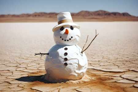 The melting snowman in the desert. Global warming and Climate change issues. Generative Ai.の素材
