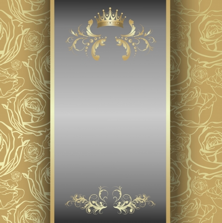 Vintage frame template, ribbon with gold pattern with a crown with space for text and labels on seamless floral backgroundのイラスト素材