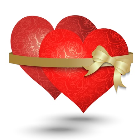 Two red hearts with gold ribbon on white backgroundのイラスト素材