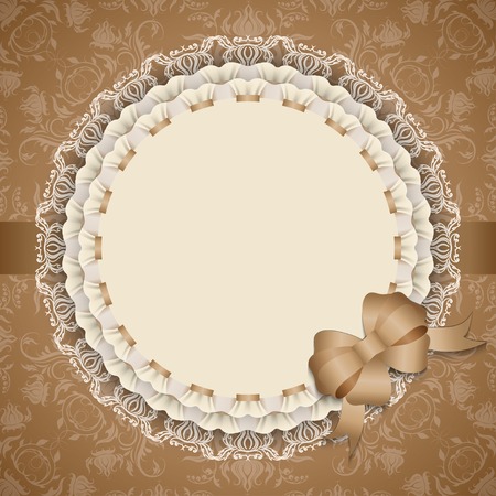 Elegant template luxury invitation, gift card with lace ornament, ribbon, silk bow, place for text. Floral elements, ornate background. Vector illustration EPS 10.のイラスト素材