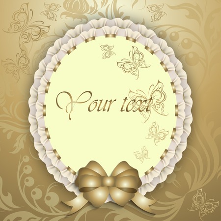 Elegant template luxury invitation, gift card with lace ornament, ribbon, silk bow, place for text. Floral elements, ornate background. Vector illustration EPS 10.のイラスト素材