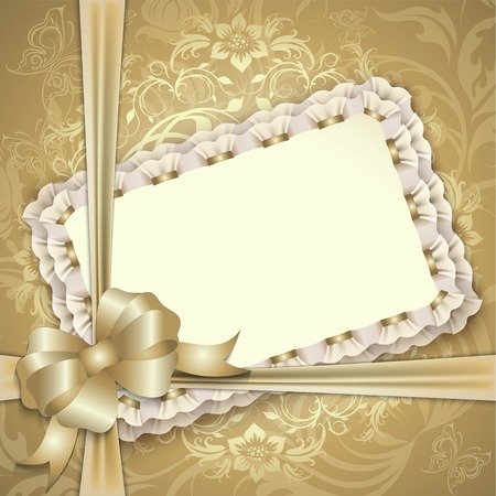 Elegant template luxury invitation, gift card with lace ornament, ribbon, silk bow, place for text. Floral elements, ornate background. Vector illustration EPS 10.のイラスト素材
