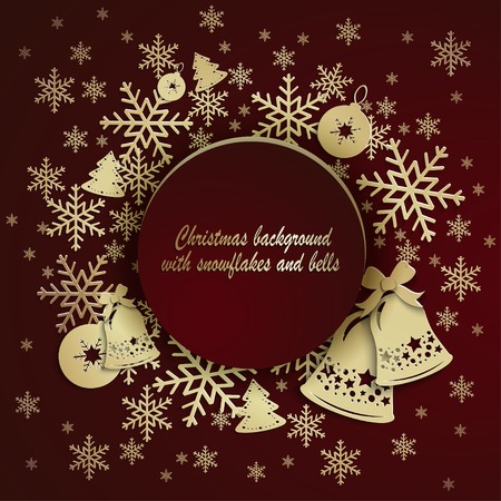 Golden Christmas elements on red background, illustration.のイラスト素材