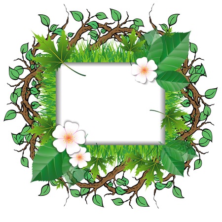 Green leaf frame illustration with flowersのイラスト素材