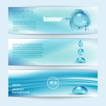 Blue shiny water drops banners set. Vector illustration. Fresh rain template for cover card design. Pure organic water. Clean water. Mountain mineral rich water. Spring water.のイラスト素材