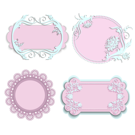 set of pink floral frames with crowns isolated on white background. design elements for little princess, glamour girl and woman. can use for birthday card, wedding invitations. vector illustration.のイラスト素材