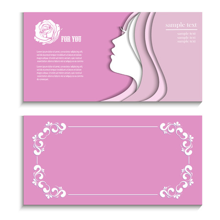 Silhouette of a woman on a silver background happy Women's Day, flyer booklet with a beautiful young woman with long hairのイラスト素材