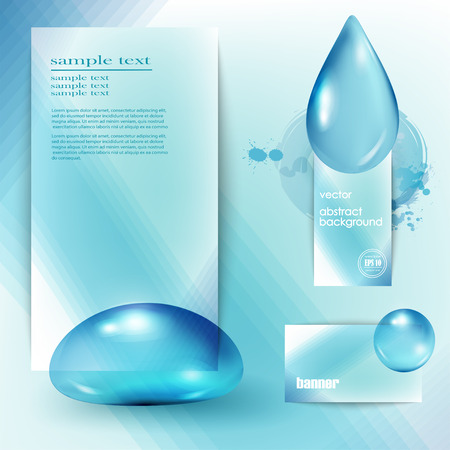 Blue shiny water drops banners set. Vector illustration. Fresh rain template for cover card design. Pure organic water. Clean water. Mountain mineral rich water. Spring water.のイラスト素材