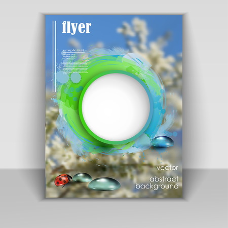 Vector design of the flyer with leaves and sun. Vector spring day background with sunshine.Poster template for your business.のイラスト素材