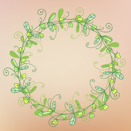 Colorful abstract hand-drawn round pattern, green grass or waves background. Doodle wreath. Floral wreath. Round frame. Doodle circle frame.のイラスト素材