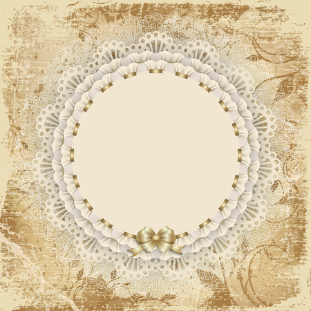 Elegant template invitation, gift card with lace ornament, ribbon, silk bow, place for text. Floral elements, ornate background. Vector illustration EPS 10.のイラスト素材