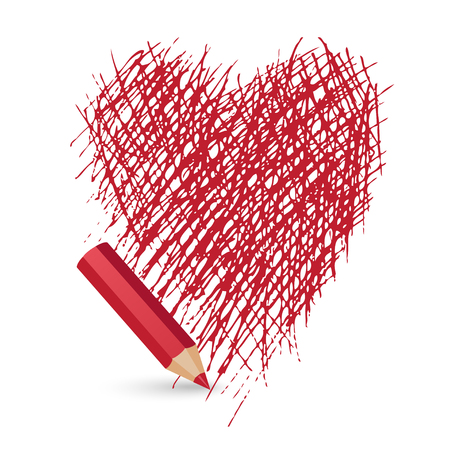 red pencil draws a heart on a white background, vector illustrationのイラスト素材
