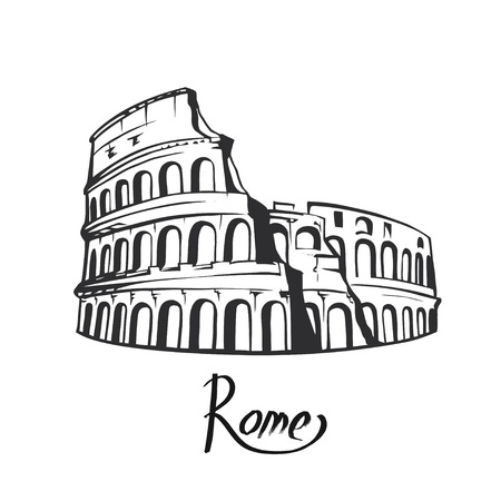Rome Colosseum sign. Italian famous landmark Coliseum. Travel Italy label. Rome architectural icon with letteringのイラスト素材