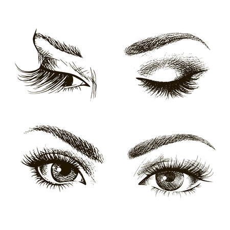 Hand drawn women's eyes vintage. Vector illustration. Fashion design, Closed and open eyesのイラスト素材