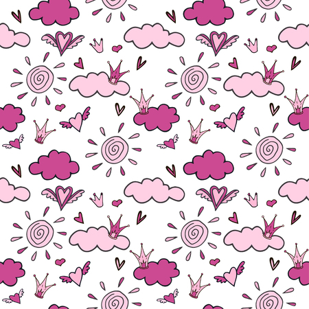 Seamless baby pattern for girl, pink clouds and heartsのイラスト素材