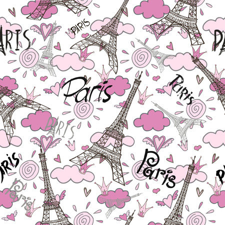 Eiffel tower, Paris, love. Seamless pattern with romantic hearts for invitations, clothing, travel, cards, designs products, bags and accessoriesのイラスト素材