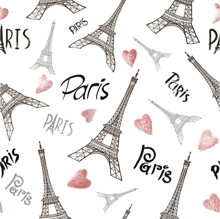 Romantic Paris. Seamless background with symbols of Paris - Eiffel Tower. On white. Backgrounds & textures shop.のイラスト素材