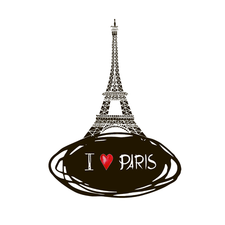 Illustration black ink Eiffel Tower. Vector decorations isolated on white background. Handwritten inscription Paris.のイラスト素材