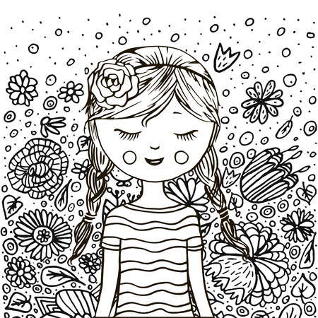 Cute girl in flowers. Coloring book page. Black and white. Doodle style.のイラスト素材