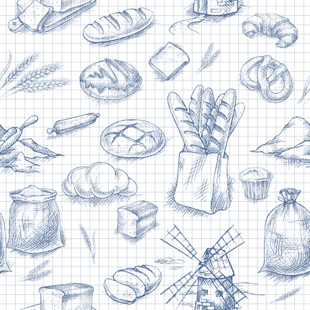 Bread, bakery - hand drawn seamless patternのイラスト素材