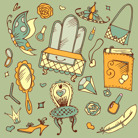 Hand drawn doodle vector set of girl's accessories. Modern princess icons. Girlish set. Isolated vector objects.のイラスト素材