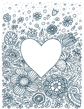 Ornate floral pattern with flowers.Doodle floral background. Heart template for card, poster, leaflet.のイラスト素材