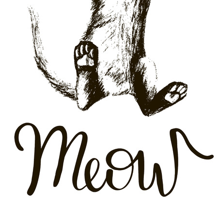 Vector illustration kitten calligraphy sign for printing. Cute cat poster with the inscription, the sound of meow and tailのイラスト素材