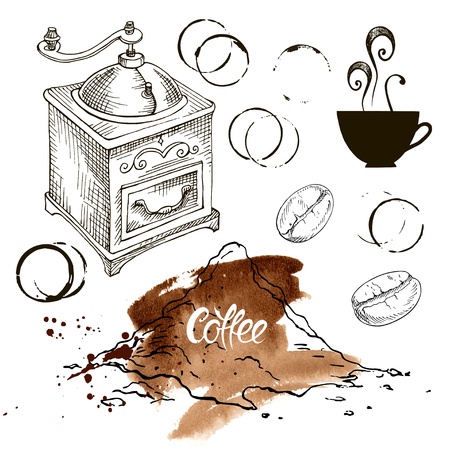 Coffee set illustration, drawing, engraving, ink, line art, manual coffeegrinder, cup, spots retro vectorのイラスト素材