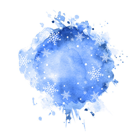 Winter watercolor background with snow splash texture. Blue sky with snowfall. Christmas, New Year hand drawn template. Snowflakes are removable..のイラスト素材