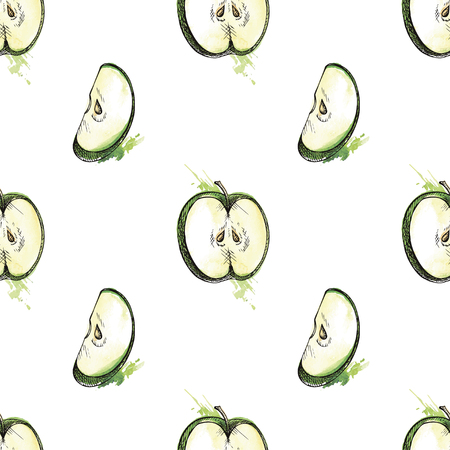 Abstract bright colorful apple seamless pattern. Hand drawn brush grunge fruit background.のイラスト素材