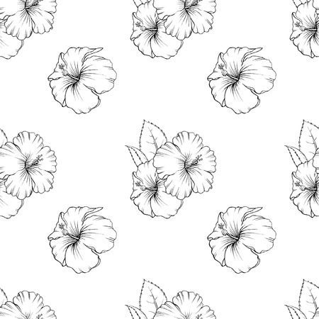 Seamless vector hibiscus flower pattern with hand drawn doodle illustrationsのイラスト素材