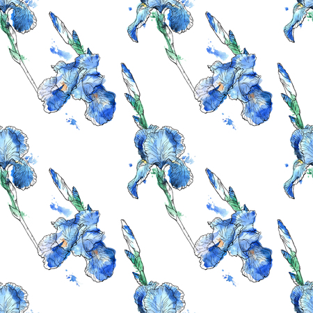 Seamless pattern with watercolor flowers. Iris. Vector. Hand drawn.のイラスト素材