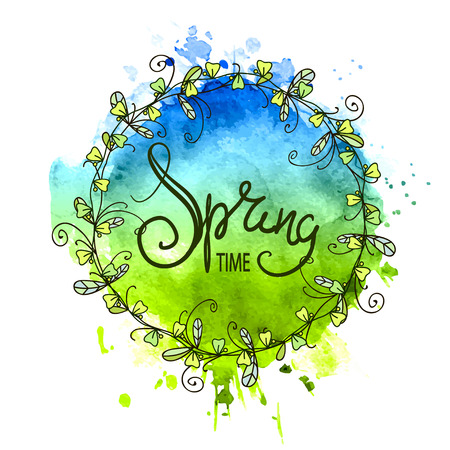 Spring green card design with texture abstract background and text in round floral frame, vector illustration. Lettering Design Elementのイラスト素材