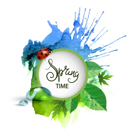 Round banner with the Spring logo. Card for spring season with frame and herb. Promotion offer with plants, leaves and flowers decoration. Vectorのイラスト素材