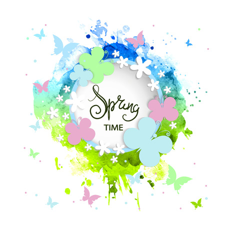 Round banner with the Spring logo. Card for spring season with frame and herb. Promotion offer with plants, leaves and flowers decoration. Vectorのイラスト素材