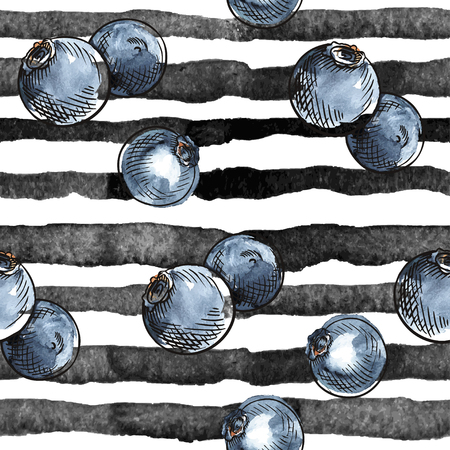 Beautiful vector seamless pattern with natural fresh blueberries. Bright blue, violet and green hand drawn watercolor elements on white background.のイラスト素材