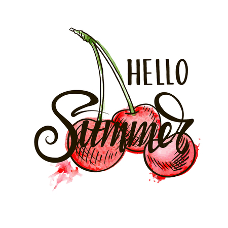Summer card. Cartoon cherries emoticons. Speesh bubble with inscription Hello, Summer. Vector illustrationのイラスト素材
