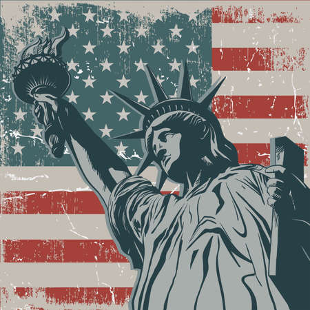Statue of Liberty on the USA Flag with New Yorkのイラスト素材