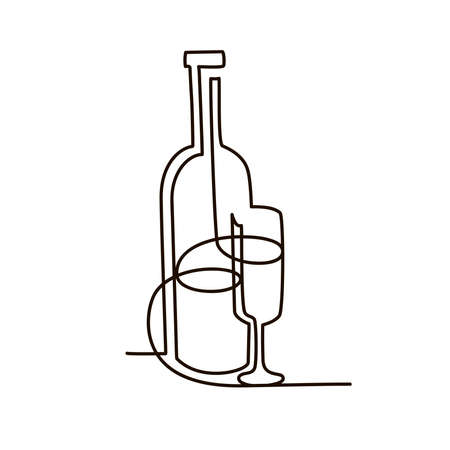 Wine and glass contour. Black outline vector, continuous lineのイラスト素材