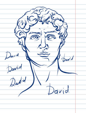 Antique statue head illustration. Work of art of the era of excitement. Hand drawing illustration of David's head. Period of Renaissance. Sculpture of Michelangelo.のイラスト素材