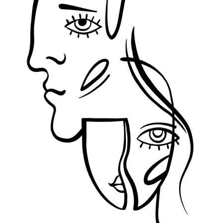 Minimalist avatar of man, woman, line art. Minimal Cubism face in abstract style. Black and white design for modern poster, contemporary wall art decor, print for cloth, painted people backgroundのイラスト素材