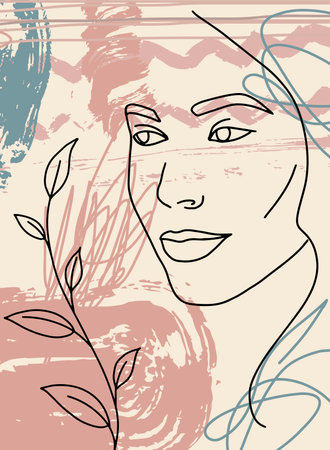Abstract face art line drawing. Woman fashion portrait, doddle hand sketch. Minimal poster. Contemporary trendy design for placards, flyers, brochures, invitations.のイラスト素材
