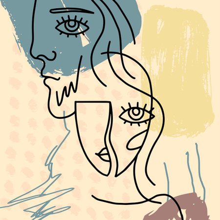 bstract face art line drawing. Man Woman fashion portrait, doddle hand sketch. Minimal poster. Contemporary trendy design for placards, flyers, brochures, invitations.のイラスト素材