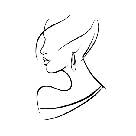 Abstract female face art line drawing. Woman fashion beauty portrait, doddle hand sketch. Minimal, Contemporary trendy designのイラスト素材
