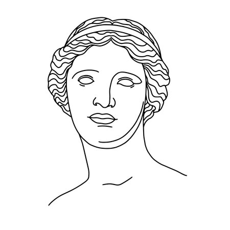 Antique statue classical sculpture Venus. Hand drawing illustration of Aphrodite s head. T-Shirt Design Printing, clothes, bags, posters, invitations, cards, leaflets etc. Line artのイラスト素材