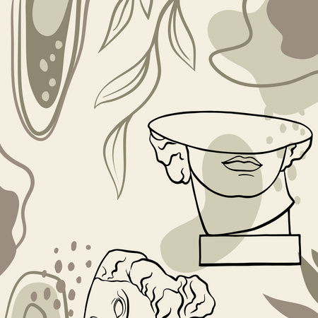 Modern creative pastel colors poster with linear abstract faces, line art. We draw one line. Minimalistic graphics, trendy backgroundのイラスト素材