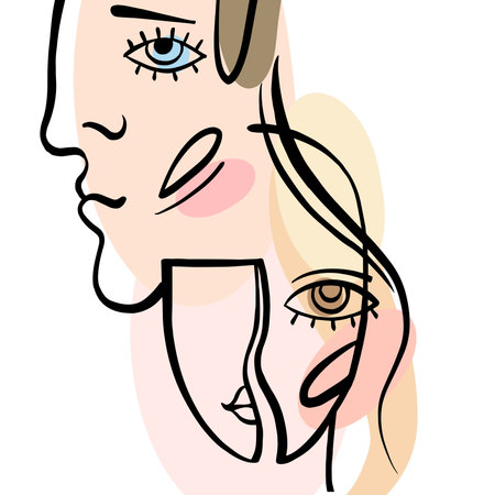 Modern poster with linear abstract faces, man and woman, he and she line art. Minimalist graphic.のイラスト素材
