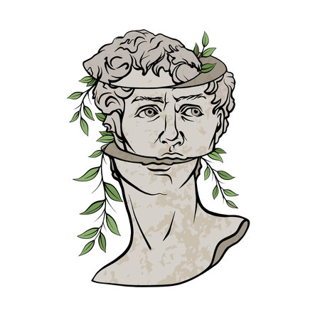 Antique statue head illustration. Work of art of the era of excitement. Hand drawing illustration of David s head. Period of Renaissance.のイラスト素材